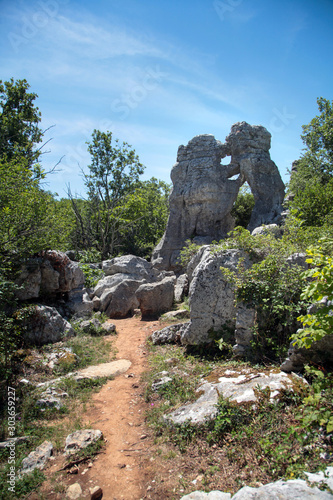 Nature reserve Le Bois de Païolive in the Ardèche Cévennes, France. Forest with weathered limestone rocks at sunny summer day. Natural sculpture: bear and lion rocks. Erosion result