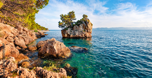 Panoramic morning view of famous Brela stone. Splendid summer seascape of Adriatic sea, Dalmatian coast, Croatia, Europe. Beautiful world of Mediterranean countries.