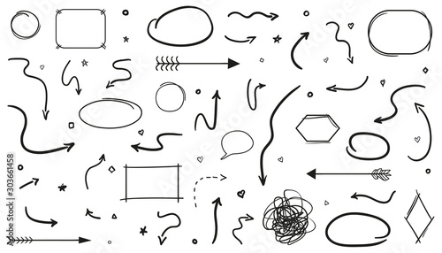 Infographic elements on isolated white background. Hand drawn simple shapes. Set of different signs. Abstract symbols. Black and white illustration