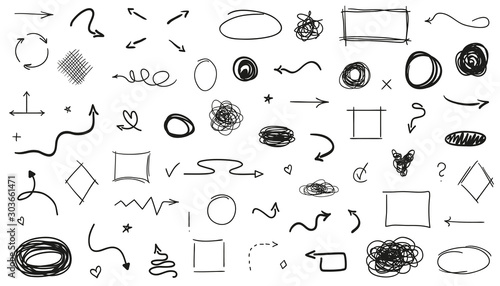 Infographic elements on isolated white background. Hand drawn sketchy shapes. Set of different signs. Abstract symbols. Black and white illustration