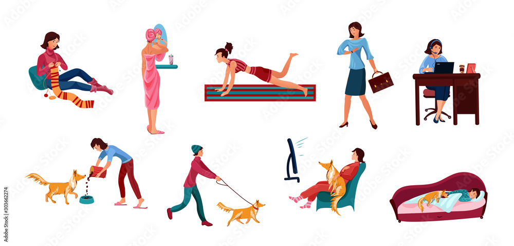 Set of hand drawn girls doing everyday things vector illustration