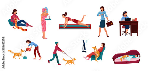 Set of hand drawn girls doing everyday things vector illustration
