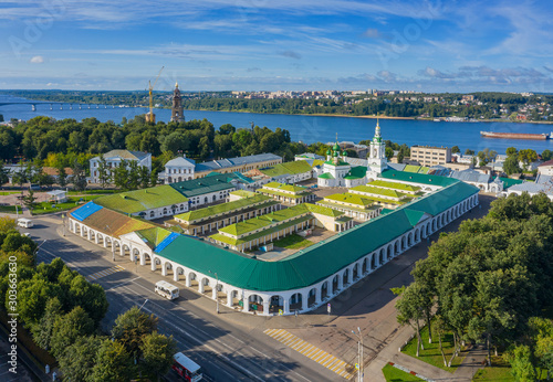 Aerial view of ancient Gostiny Dvor in old Russian city of Kostroma on bank of Volga River, Russia