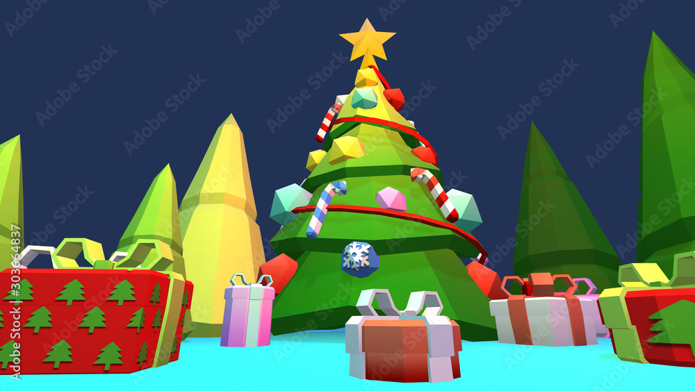 Christmas Scene in 3D, low poly, bright light, gifts and trees