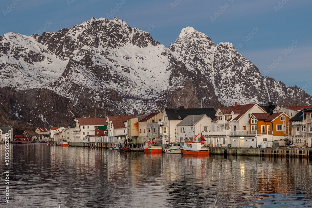Scenic view of the waterfront harbor in Lofoten in winter. fishing village and tourist town located in the Lofoten Islands. Norway.