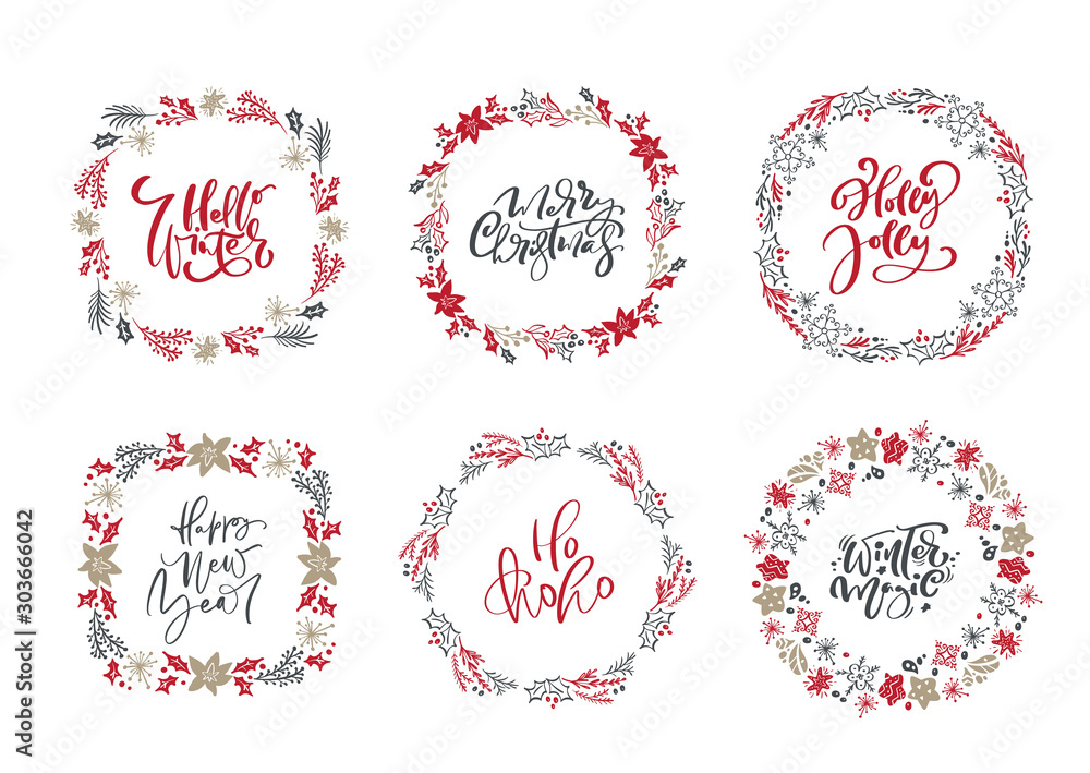 Set of Christmas vector scandinavian wreaths and calligraphic holiday vintage texts. Winter Wreath with xmas phrase. Greeting card template with vintage style elements Set of Christmas vector scandinavian wreaths and calligraphic holiday vintage texts. Winter Wreath with xmas phrase. Greeting card template with vintage style elements