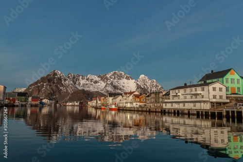 The view of the fisherman village with typical rorbu houses and boats in Lofoten islands, Norway.