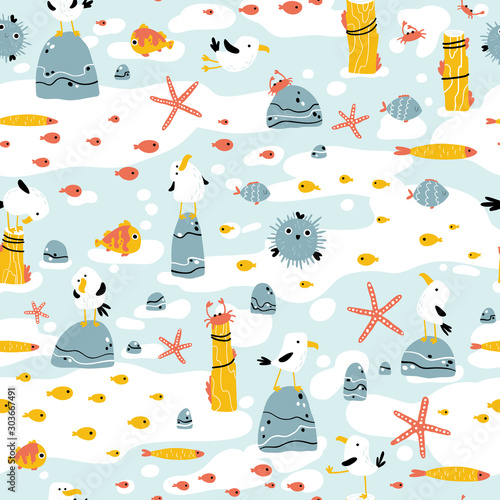 Sea pattern with funny gulls on the rocks and marine animals. Vector seamless background in hand-drawn cartoon style. Childish scandinavian illustration.