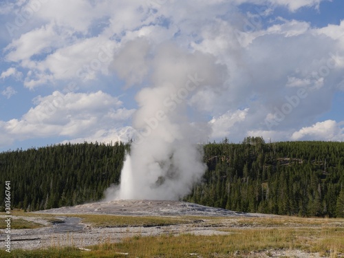 Show off of colums of scalding water and steam spurting into the air from the Old Faithful geyser during an early morning eruption at Yellowstone National Park, Wyoming.