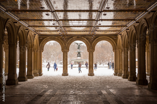 People in the snow in a park photo