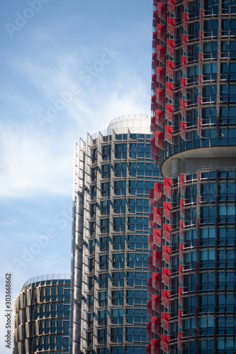 Photography Three Modern red, blue and gray skyscrapers in a row at Barangaroo Sydney Austra