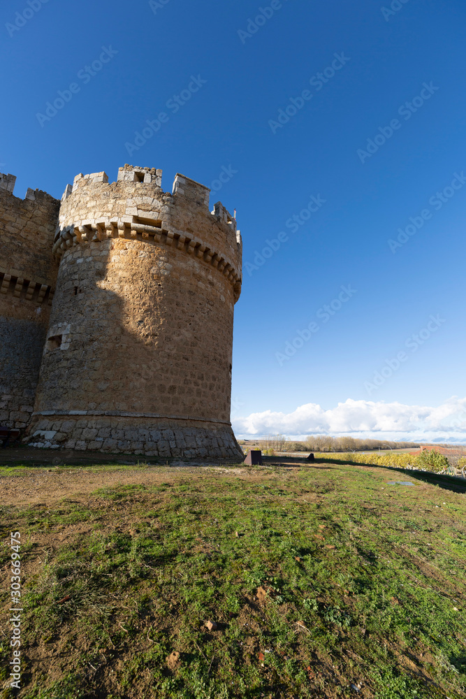 Grajal de Campos,Spain,17,11,2019; The Castle, of square plant with robust circular cubes protruding in its corners, the set of little mobility and is designed for the use of artillery
