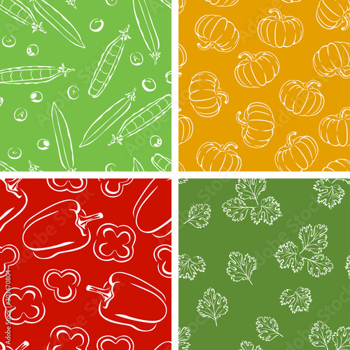 Set of vegetables seamless patterns. Green peas, bell pepper, pumpkin and cilantro. Vector color monochrome illustration outline.
