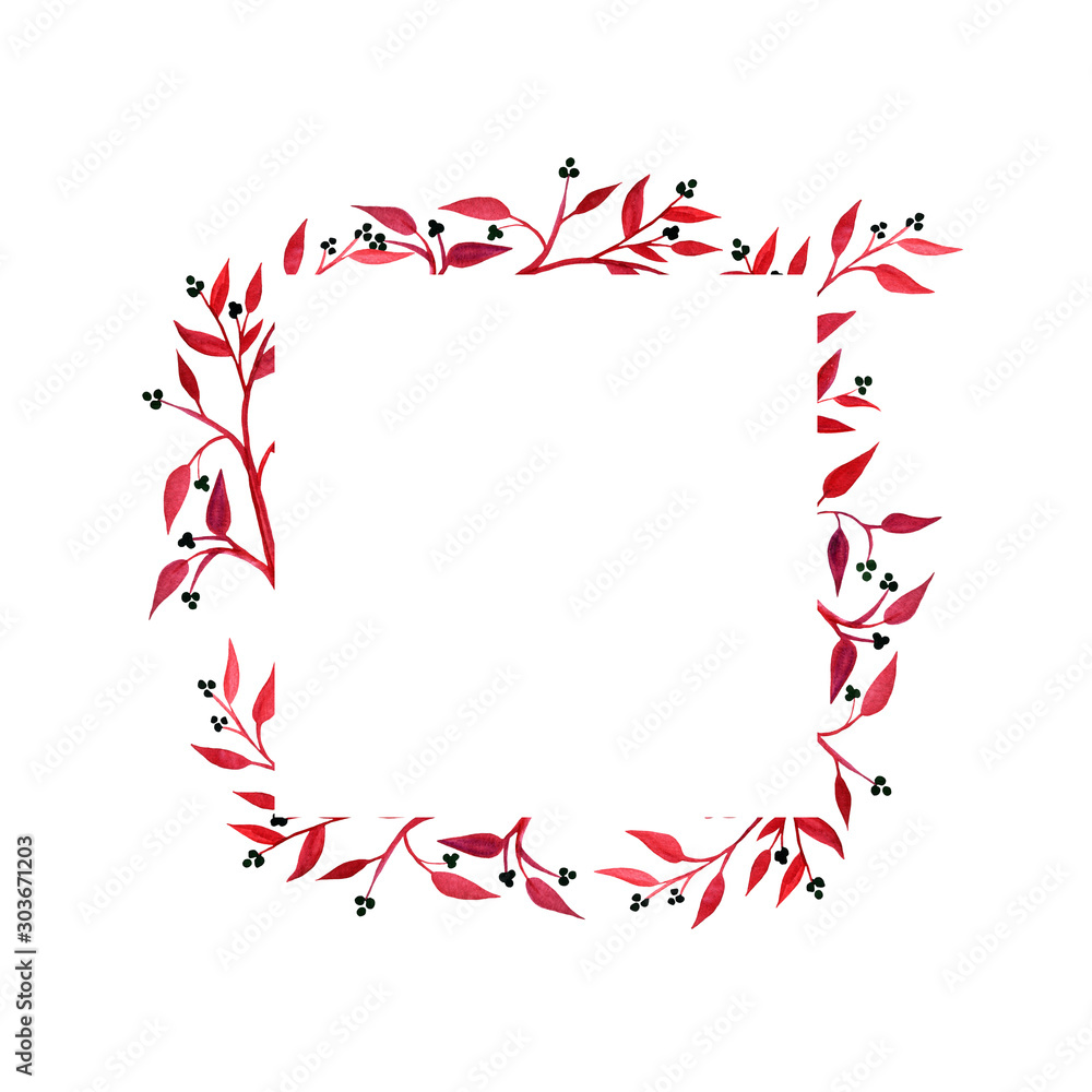 Hand drawn beautiful frame pattern set in watercolor style branches with berries on a white background - winter concept, christmas Hand drawn beautiful frame pattern set in watercolor style branches with berries on a white background - winter concept, christmas
