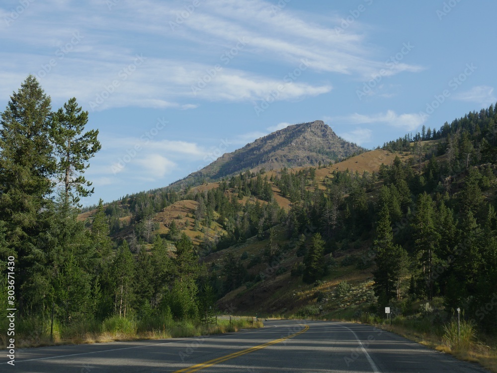 Fototapeta premium Winding sloping paved road at the North Fork Highway heading to the east entrance of Yellowstone National Park.