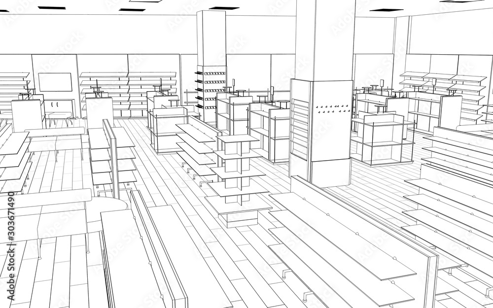 shopping mall, contour visualization, 3D illustration, sketch, outline shopping mall, contour visualization, 3D illustration, sketch, outline
