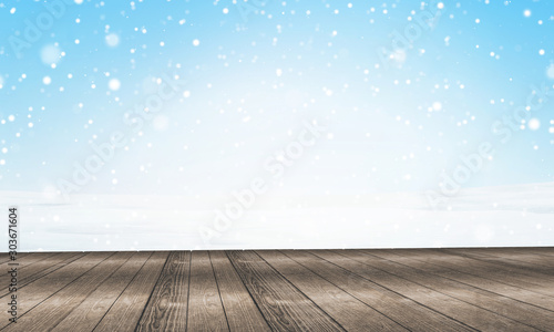winter snow outdoor with snowflakes and wooden floor background 3d-illustration