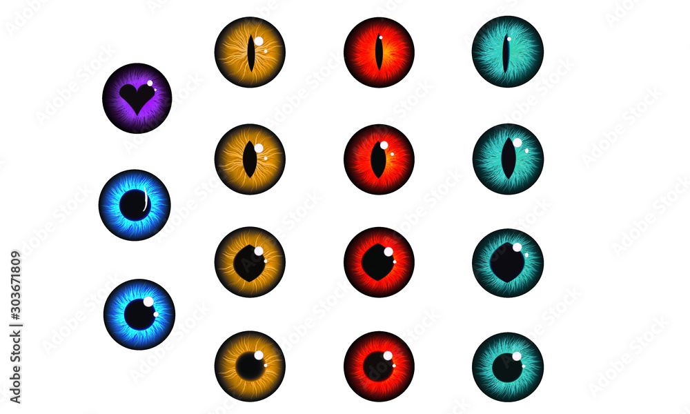 Obraz premium eye collection iris pupil, red, green, yellow, blue, dragon eye, cat eye, witch eye, love eye, king eye, night eye