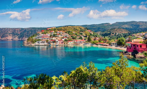 Impressive morning cityscape of Asos village on the west coast of the island of Cephalonia, Greece, Europe. Colorful summer sescape of Ionian Sea. Traveling concept background.