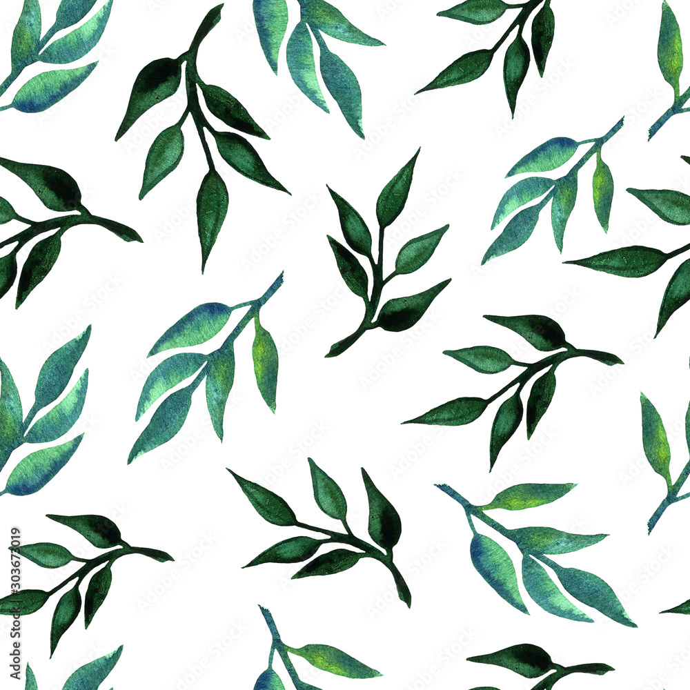 Green leaves on branch seamless pattern. Watercolor botanical illustration