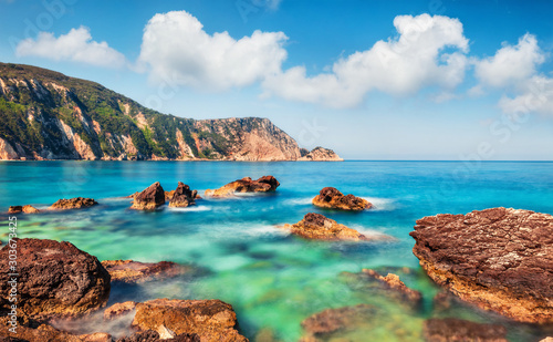 Amazing summer view of Petani Beach. Splendid outdoors scene of Cephalonia Island, Greece, Europe. Attractive seascape of Mediterranen Sea. Stunning landscape of Ionian Islands.