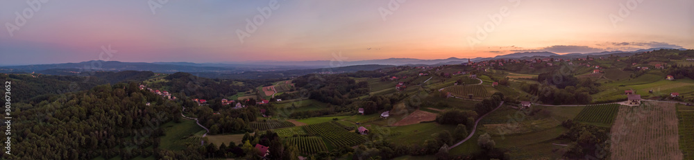 Aerial panorama of wine region countryside at sunset.