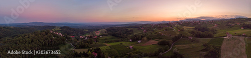 Aerial panorama of wine region countryside at sunset.