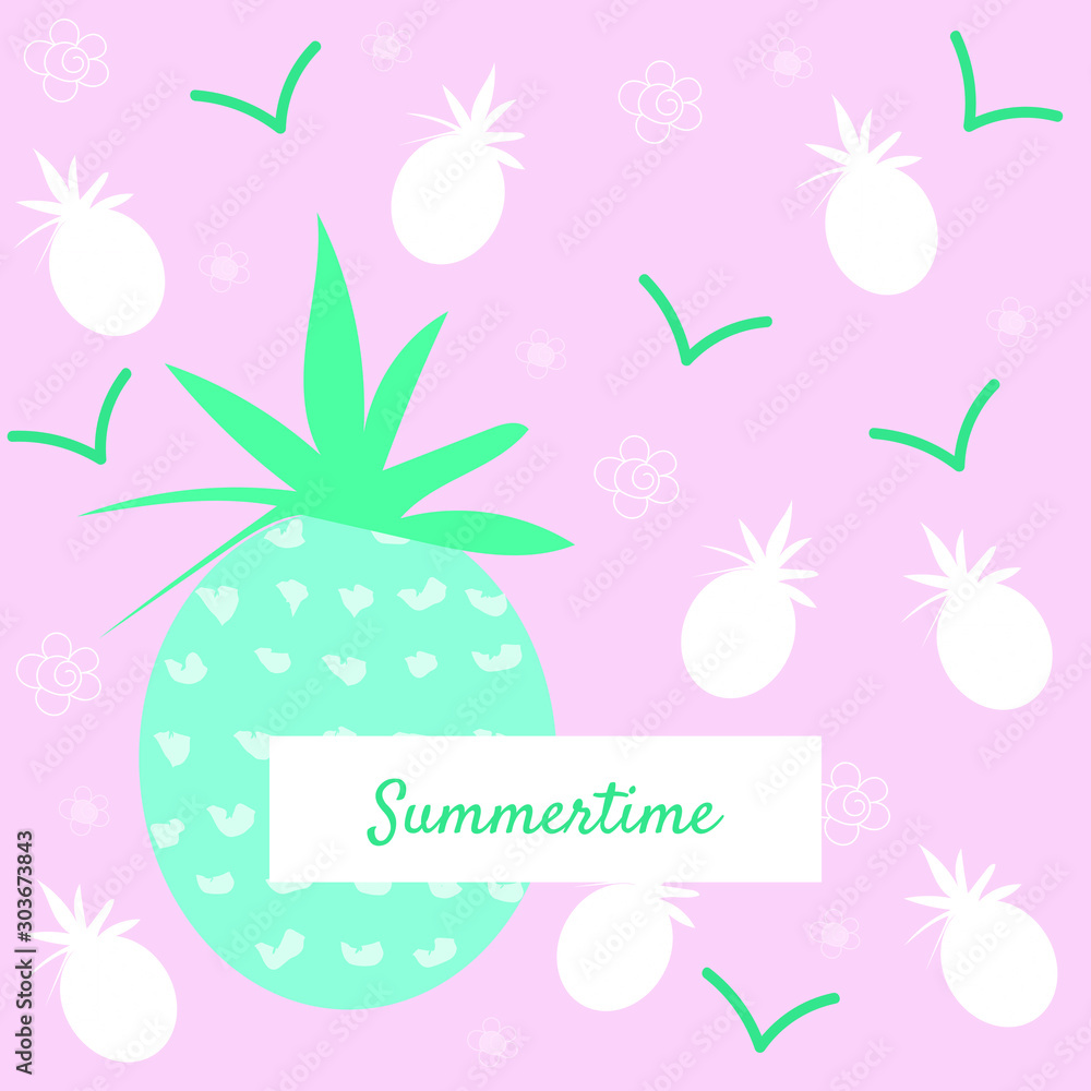 pineapple summertime design for cards, postcards, invitations greeting cards.summer banner