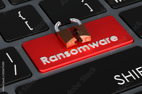 Ransomware red button on keyboard, 3D rendering photo