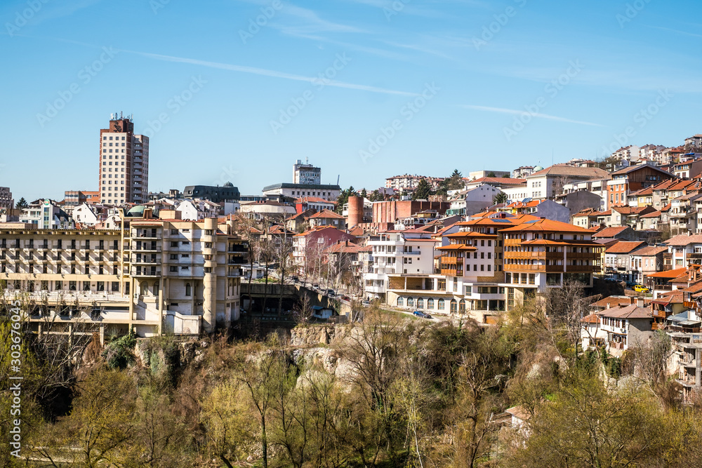 Veliko Tarnovo city, Bulgaria - March 24, 2017. Traditional Bulgarian architecture in the old medieval town area, Veliko Tarnovo city, Bulgaria