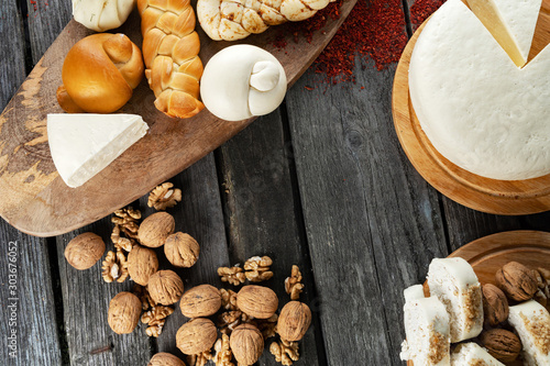 Cheese plate over wood background