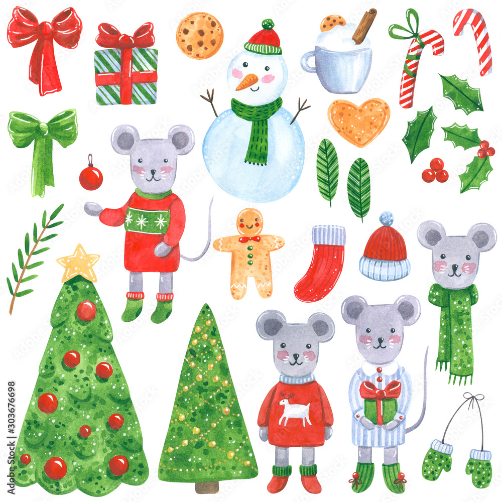Big New year clipart set. Christmas mouse, fir trees, presents, leaves, bows, snowman, candies, cookies. Hand drawn watercolor illustration