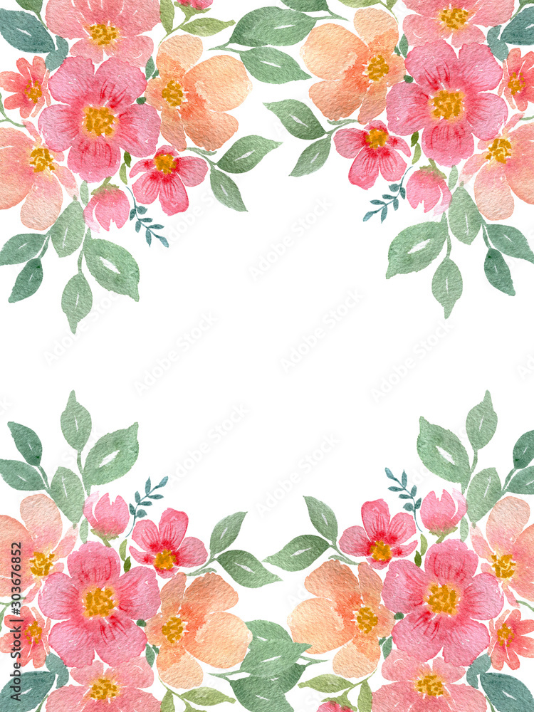 floral frame with watercolor flower bouquet, flower border design for card or invitation with copy space 