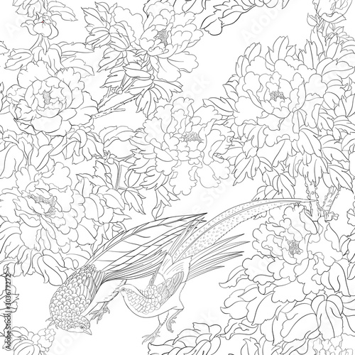 Peony tree branch with flowers with pheasants in the style of Chinese painting on silk Seamless pattern, background. Outline hand drawing vector illustration..