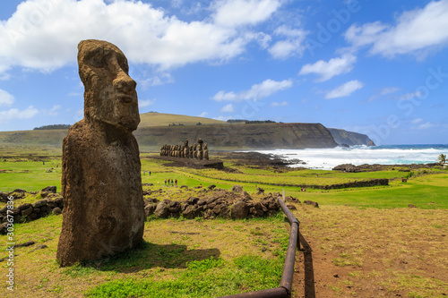 Moai statues in the Rano Raraku Volcano in Easter Island, Rapa Nui National Park, Chile