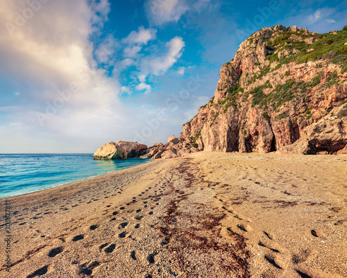 Superb summer view of Kathisma Beach. Stunning morning seascape of Ionian sea. Wonderful outdoor scene of Lefkada Island  Greece  Europe. Beauty of nature concept background.