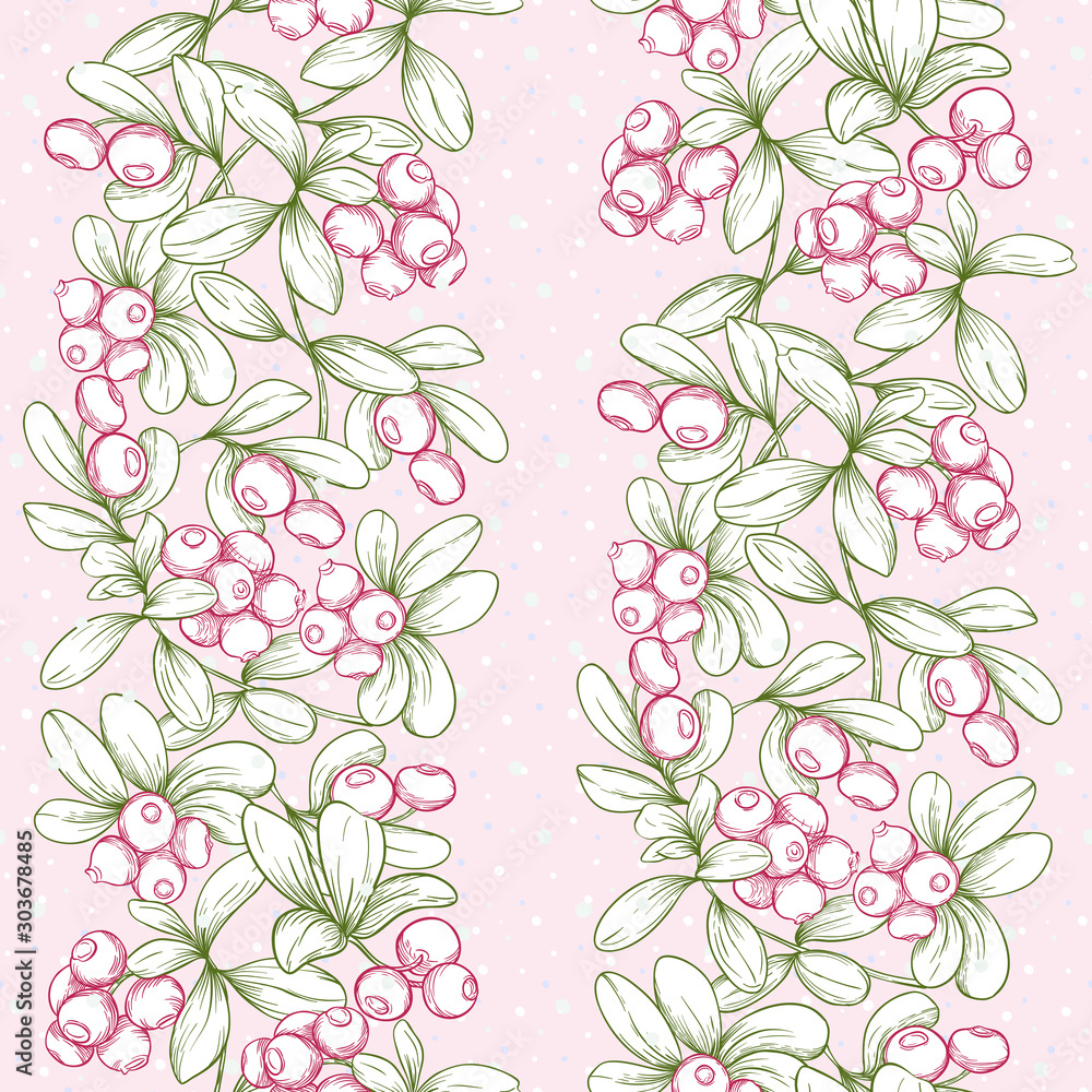 Cranberry and snow. Seamless pattern, background. Graphic drawing, engraving style. Vector illustration