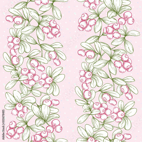 Cranberry and snow. Seamless pattern, background. Graphic drawing, engraving style. Vector illustration