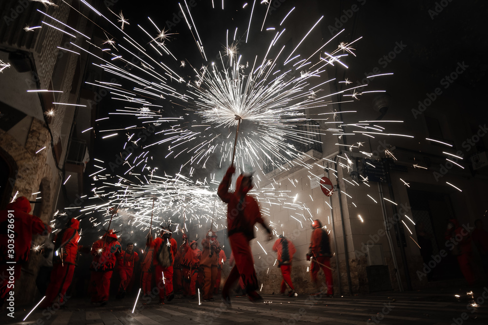 Ταπετσαρία Fireworks called correfocs, a traditional performance of catalan culture
