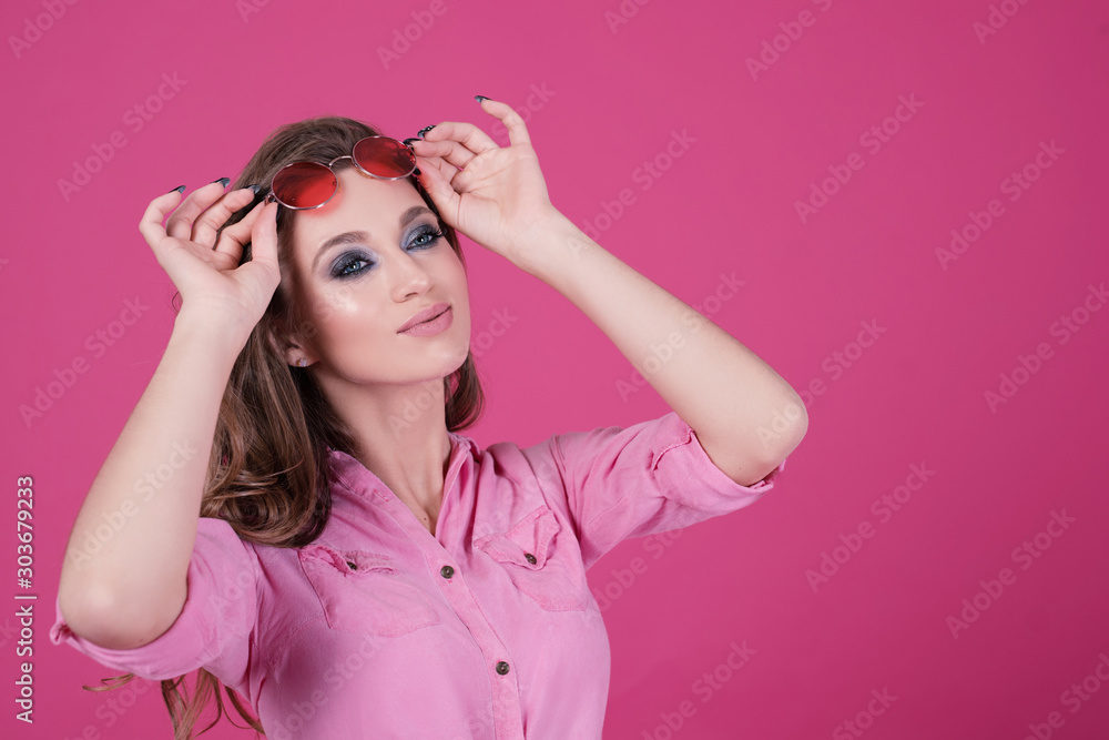 Close up photo of crazy positive girl in jeans outfit enjoying daydream having weekend vacation holiday isolated on pink background. Close up photo of crazy positive girl in jeans outfit enjoying daydream having weekend vacation holiday isolated on pink background.