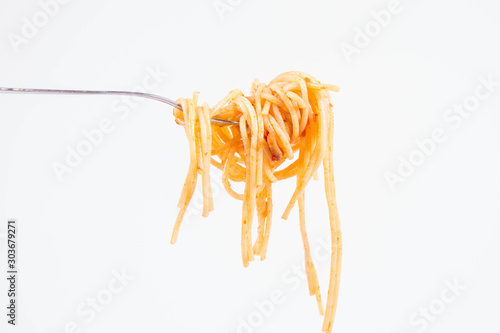 Spaghetti bolognese on a fork