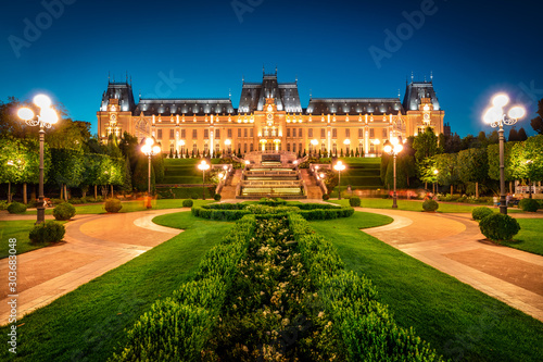 Wonderful night view of Cultural Palace Iasi. Fantastic summer cityscape of Iasi town, capital of Moldavia region, Romania, Europe. Architecture traveling background.