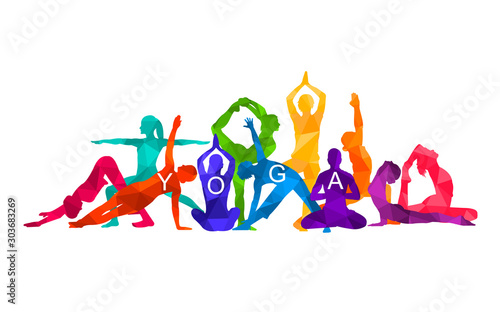 Detailed colorful vector silhouette yoga people illustration background. Fitness Concept. Gymnastics. Aerobics. Asanas, meditation, lotus position.