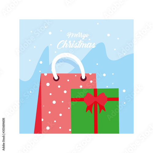 merry christmas label with gift box on winter landscape