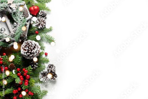 Merry Christmas and Happy New Year concept with decoration on white background. Top view