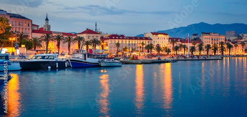 Panoramic evening cityscape of Split town. Captivating summer sunset in Croatia, Europe. Beautiful world of Mediterranean countries. Traveling concept background. © Andrew Mayovskyy