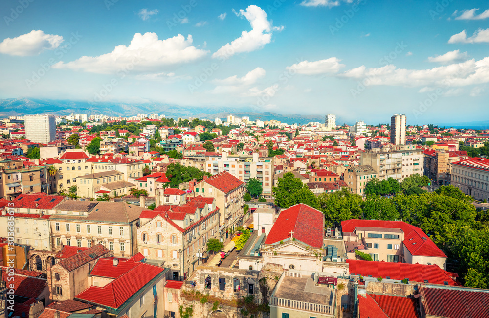 Aerial summer cityscape of Split city. Sunny morning view of Croatia, Europe. Beautiful world of Mediterranean countries. Architecture background.