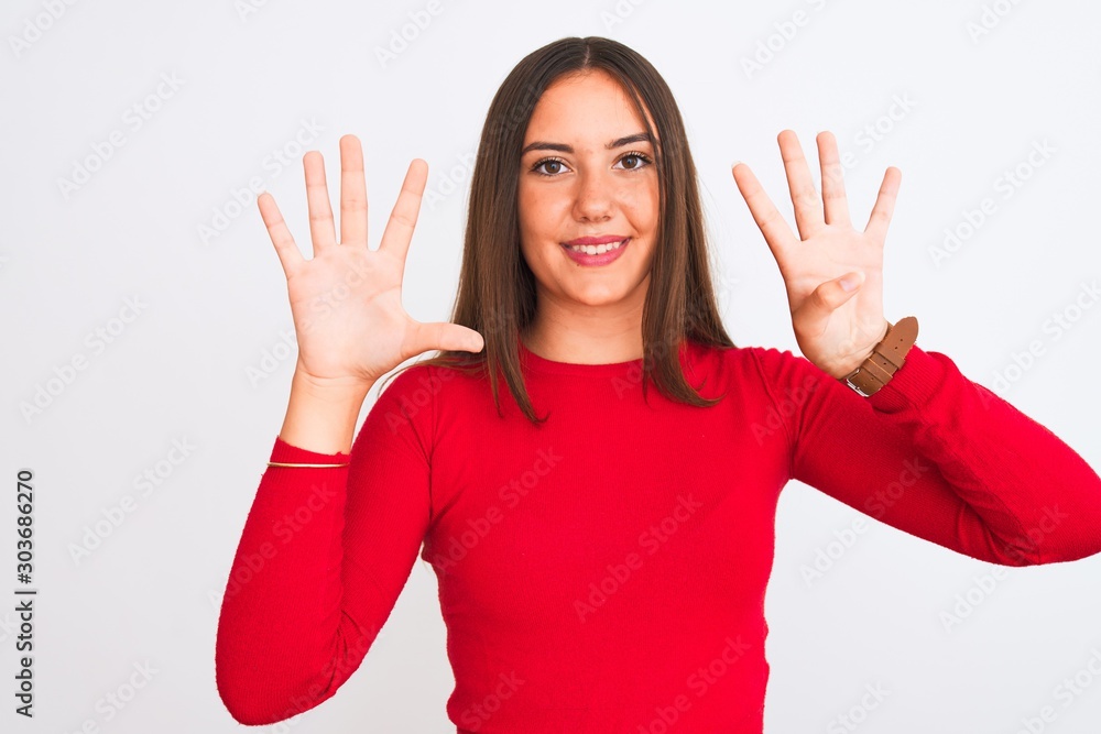 Young beautiful girl wearing red casual t-shirt standing over isolated white background showing and pointing up with fingers number nine while smiling confident and happy. Young beautiful girl wearing red casual t-shirt standing over isolated white background showing and pointing up with fingers number nine while smiling confident and happy.