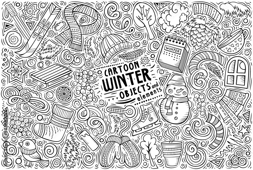 Vector hand drawn doodle cartoon set of Winter objects and symbols