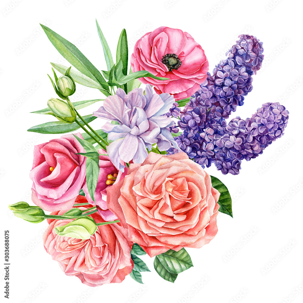 Φωτογραφία watercolor illustration, botanical painting, bouquet of flowers  lilac, peony, p